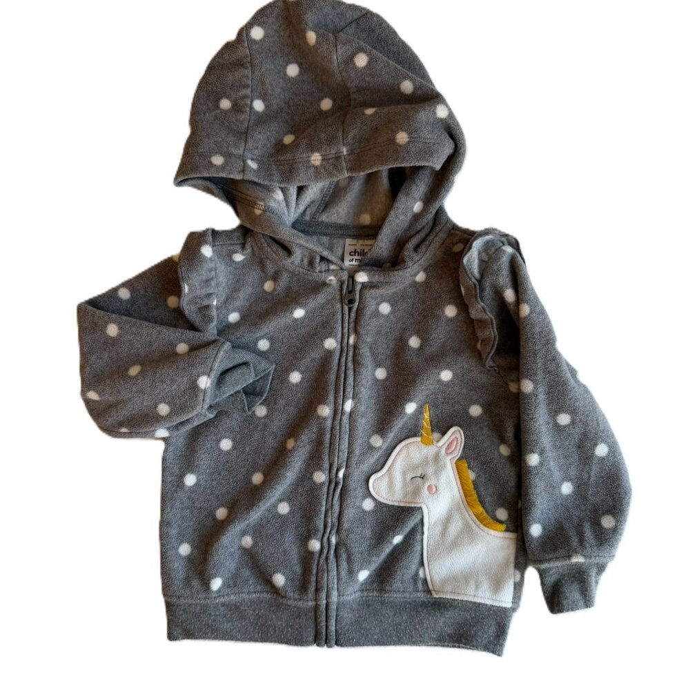 🦄 3/$15 | Baby Girl 12M Unicorn Hoodie Gray with White Poka Dot